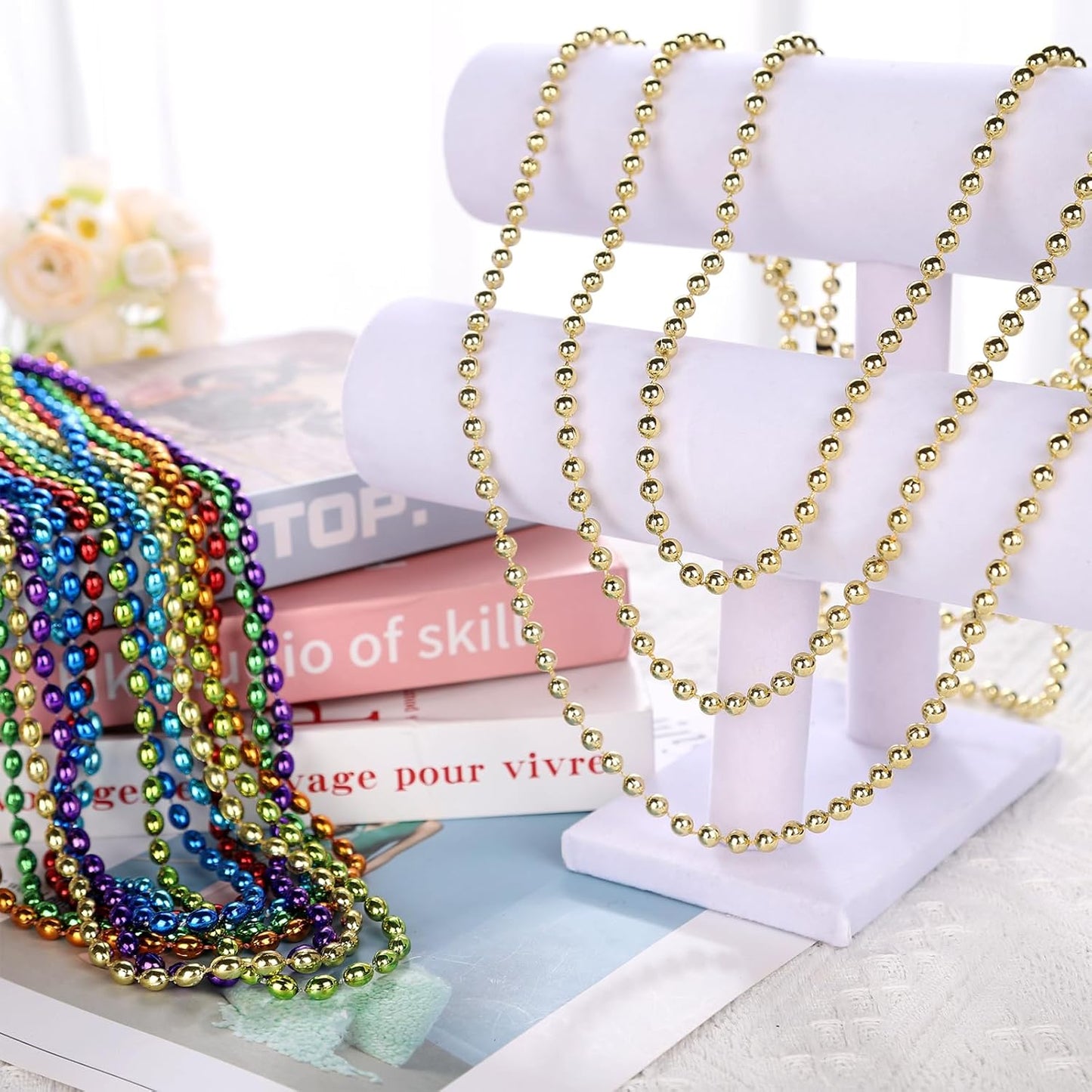 48 Pack Mardi Gras Beads Necklaces, 33 Inch Plastic Beads for Party Favors, Festival Decorations, Parade Throws, Christmas, St. Patrick's Day Celebrations