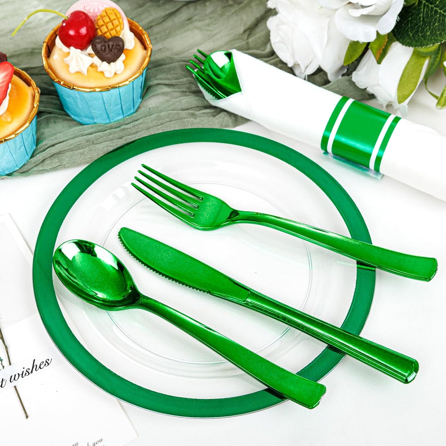 I00000 210 Pcs Green Plastic Plates-St. Patrick's Day Green Dinnerware for Party, Include 30 Dinner and 30 Dessert Plates,30 Plastic Cups 9 OZ,30 Per Rolled Napkins with Cutlery for Party