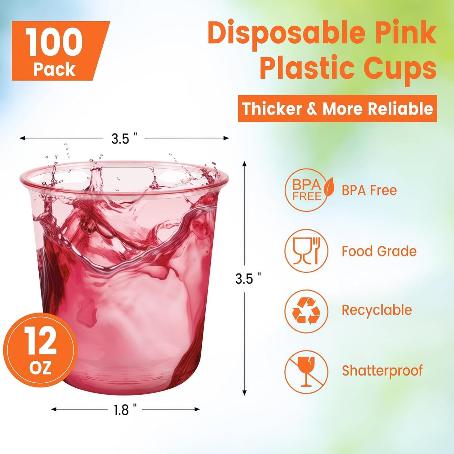 100 Pcs Pink Plastic Cups, 12 Oz Disposable Stemless Wine Glasses Cocktail Pink Party Cups for Meeting, Wedding, Christmas, Holiday Party
