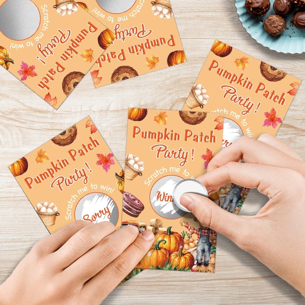 50 Pack Pumpkin Thanksgiving Theme Patch Scratch Off Game, Funny Scratch Cards for Fall Party Game, Thanksgiving Raffle Tickets for Birthday Games, Baby Shower, Thank You Party Games