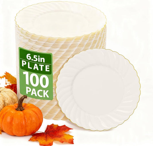 YOUBET 100 Pack Ivory Scalloped Plastic Plates - 6.5 Inch Gold Disposable Plates with Gold Rim - High End Elegant Vintage Dessert Salad Plate for Birthday Parties & Wedding Thanksgiving