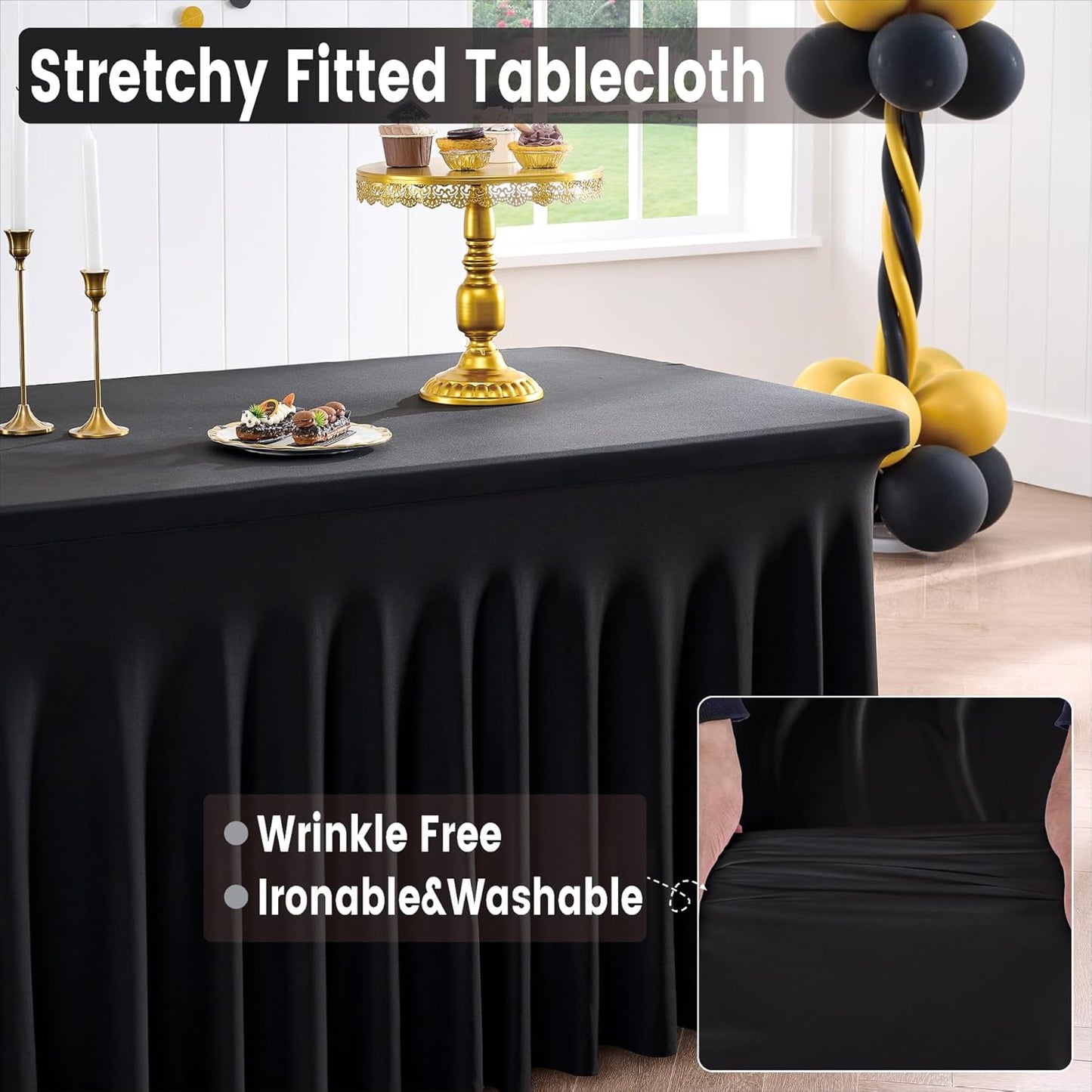Outpain Black Spandex Table Clothes for 5 Foot Rectangle Tables-4Pack 5FT Spandex Fitted Table Cover, Wrinkle Free Tablecloths with Skirt for Parties, Wedding, Birthday, Banquet, Festival
