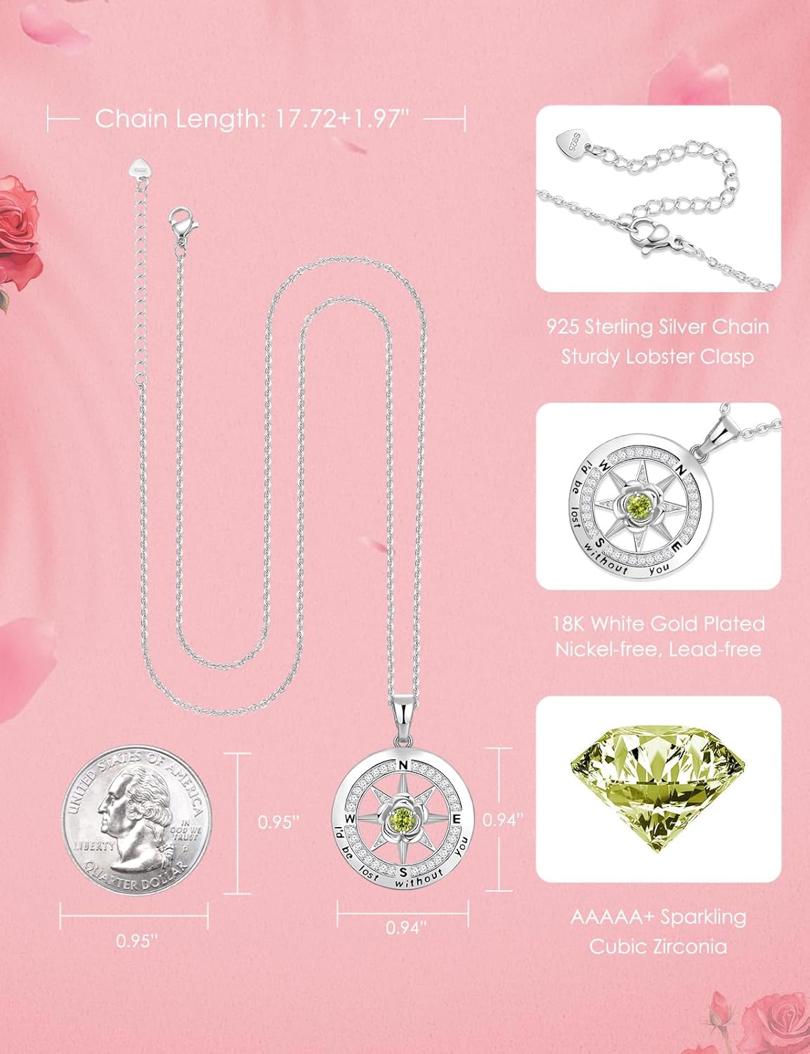 Silver Compass Necklace for Women Birthday Gifts for Wife Anniversary Necklace for Women Rose Flower Birthstone Necklaces for Wife Jewelry for Womens Girlfriend Mom Daughter