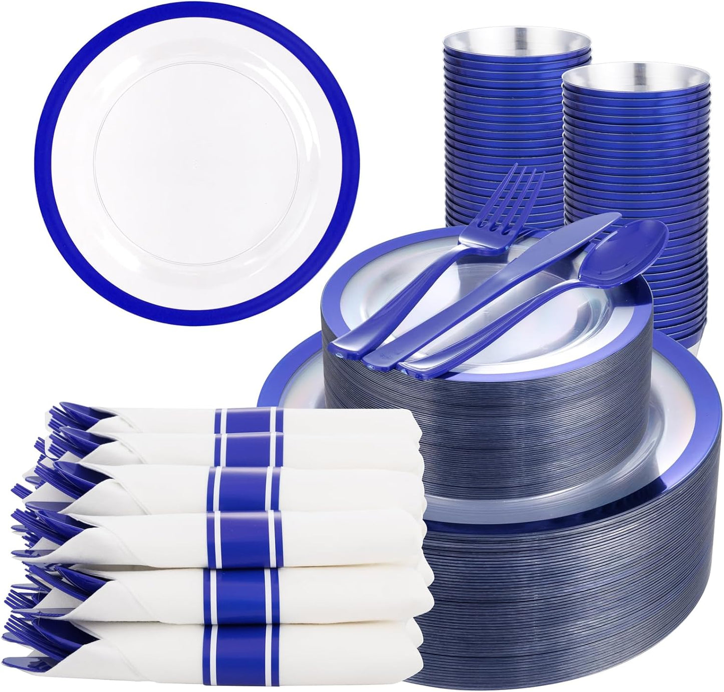 Liacere 350PCS Blue Plastic Plates - Clear with Blue Trim for 50Guests Dinnerware Include 100 Clear Plates disposable 150 Silverware 50Napkins for Wedding＆Back to School＆Labor Day&New Year