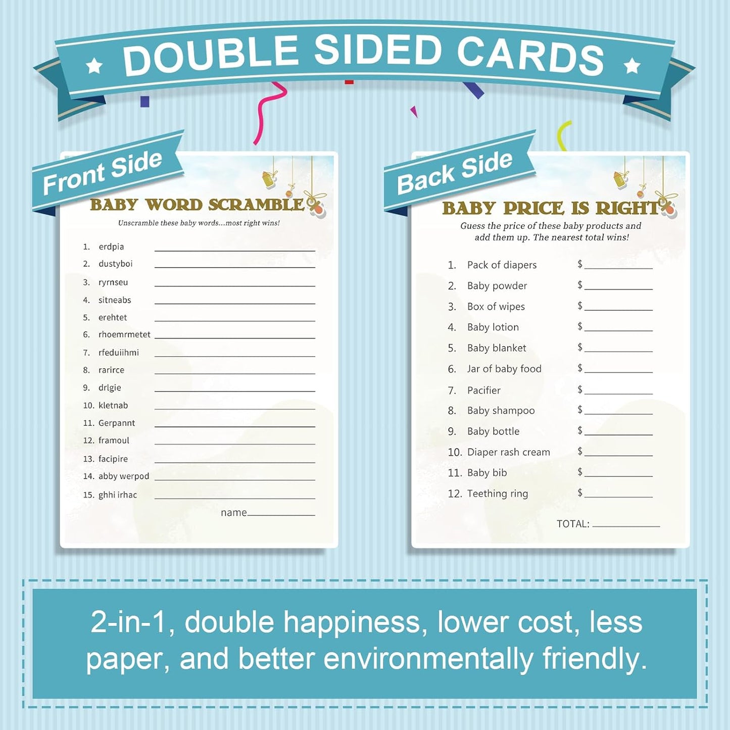 Baby Shower Games for Boy or Girl-2 Games(50 of Each),Baby Shower Word Scramble Game&Price is Right,Double-Sided,Fun,Hilarious,and Easy to Play,Gender Neutral,With Answer Keys