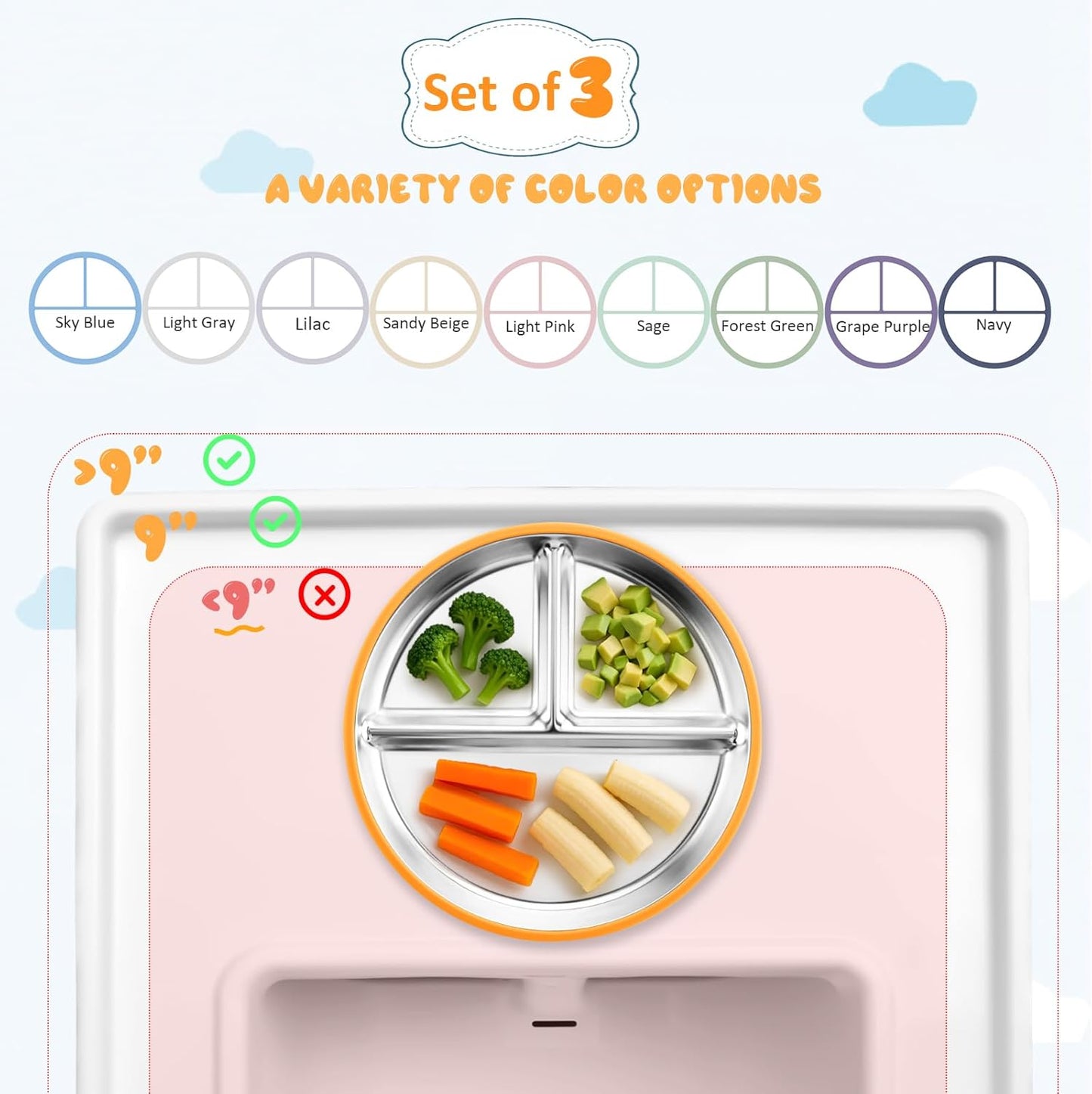 Stainless Steel Suction Plates for Toddlers, 9" Divided Kids Baby Plates with Removable Silicone Suction, Non Toxic Non Slip Portion Control Snack Dishes 3 Packs, Bright Orange/Blue/Green