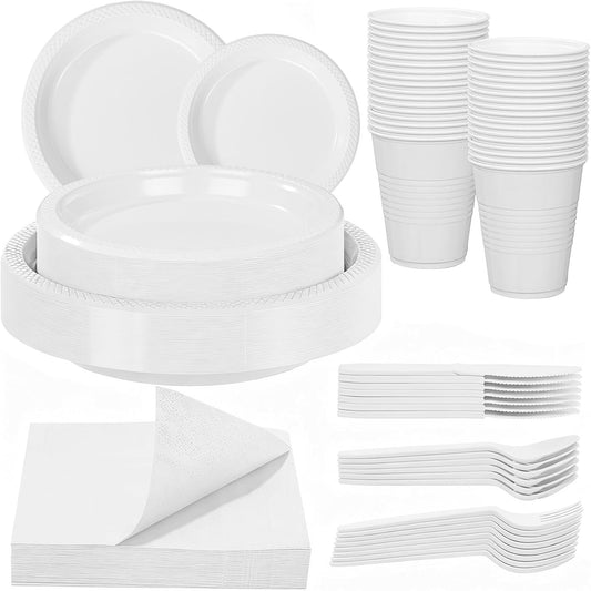 WELLIFE 210 Pieces White Party Supplies, White Plastic Dinnerware Set, Including Plates, 12OZ Cups, Plastic Cutlery and Paper Napkins Serve 30 Guests for Party