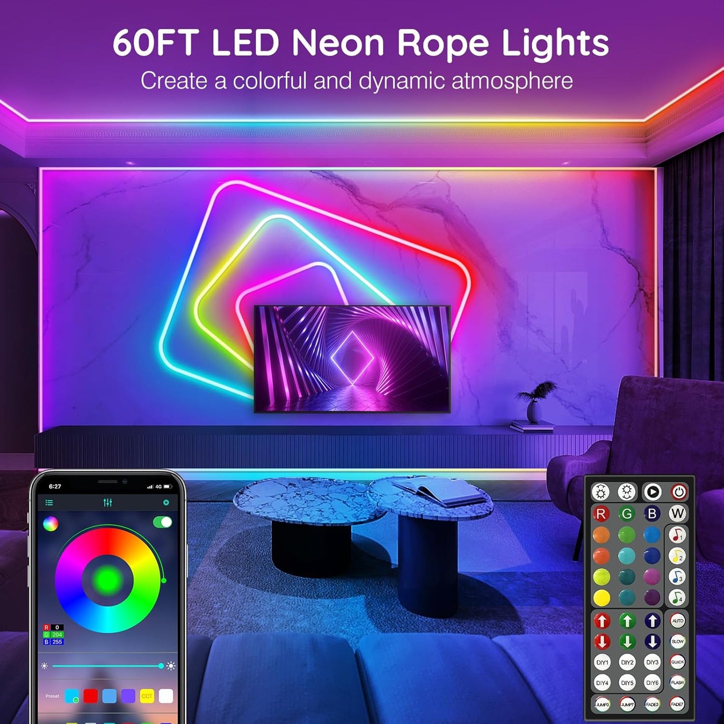 AILBTON 60FT Led Neon Rope Lights Control with App/Remote,Flexible Led Rope Light,Multiple Modes,IP65 Outdoor RGB Lights Waterproof,Music Sync Gaming Led Neon Strip Light for Bedroom Decor