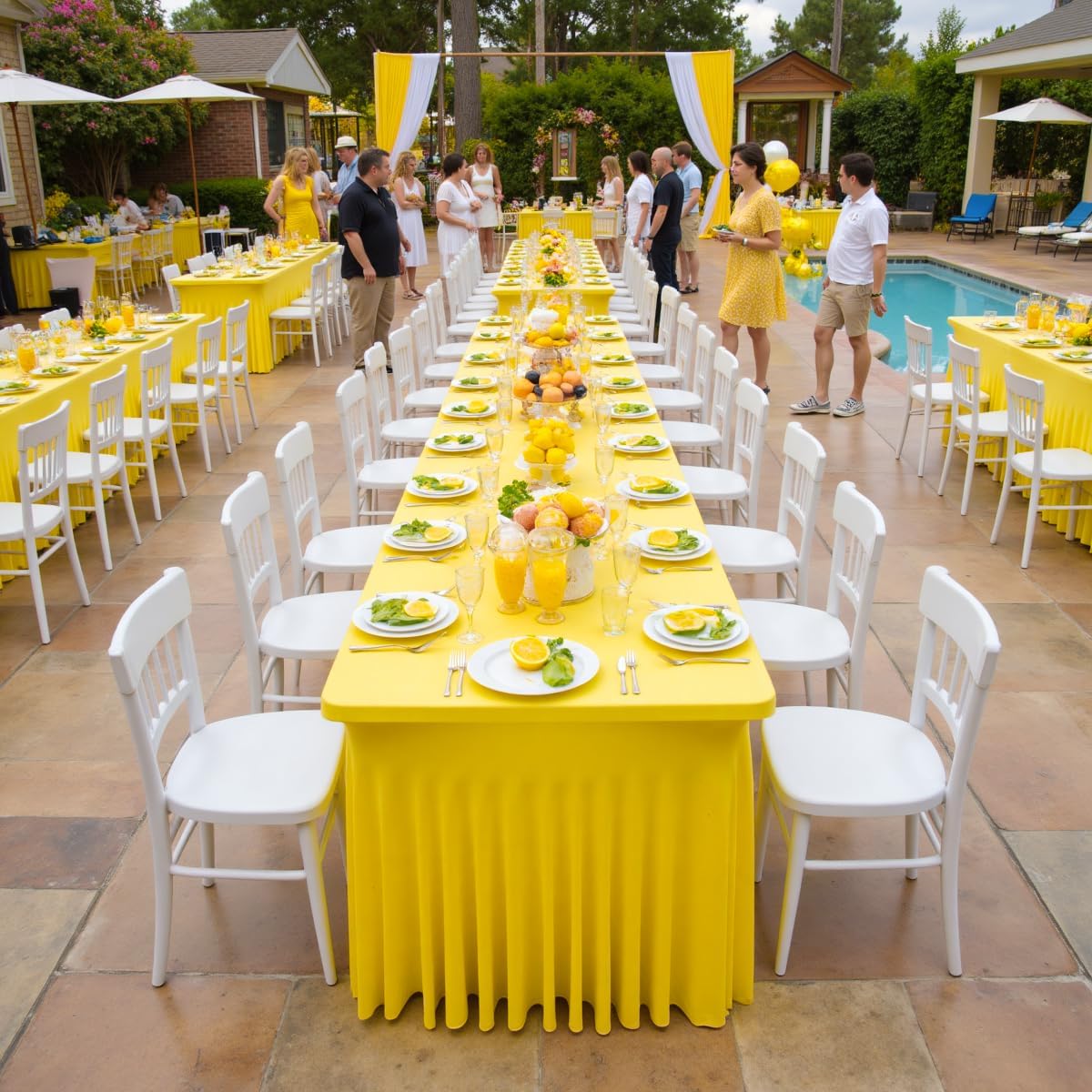 2 Pack Yellow Spandex Table Clothes for 8 Foot Rectangle Tables, Wrinkle Free Lemon Fitted Tablecover 8ft Stretchy Tablecloths with Skirt for Parties Weddings Birthday Banquet Baby Shower