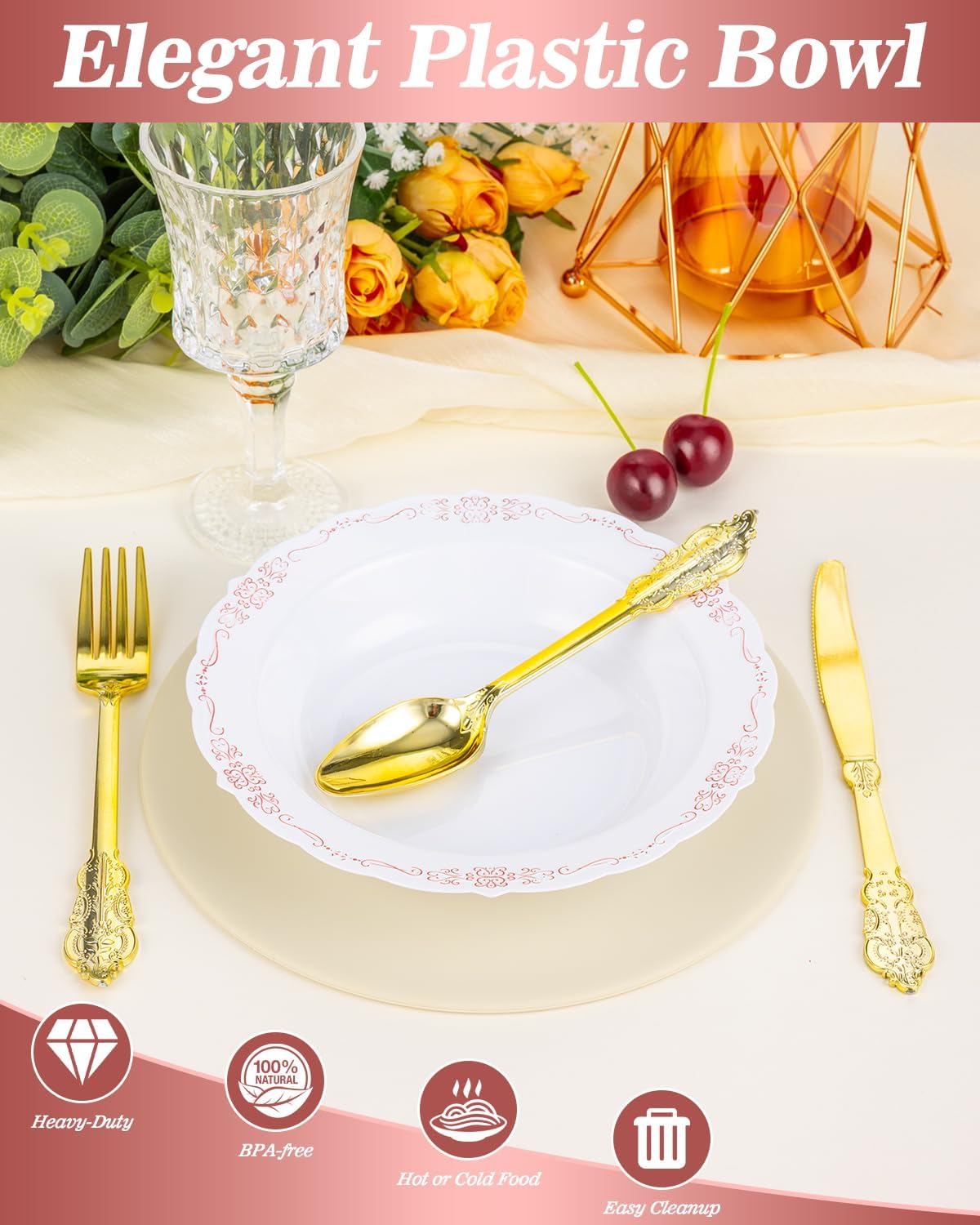 100 Pack White Plastic Bowls with Rose Gold Rim, 12oz Plastic Dessert Bowl, Bowls Disposable Heavy Duty for Hot Soup, Dessert, Salad, Cake, Ice Cream, Fruit