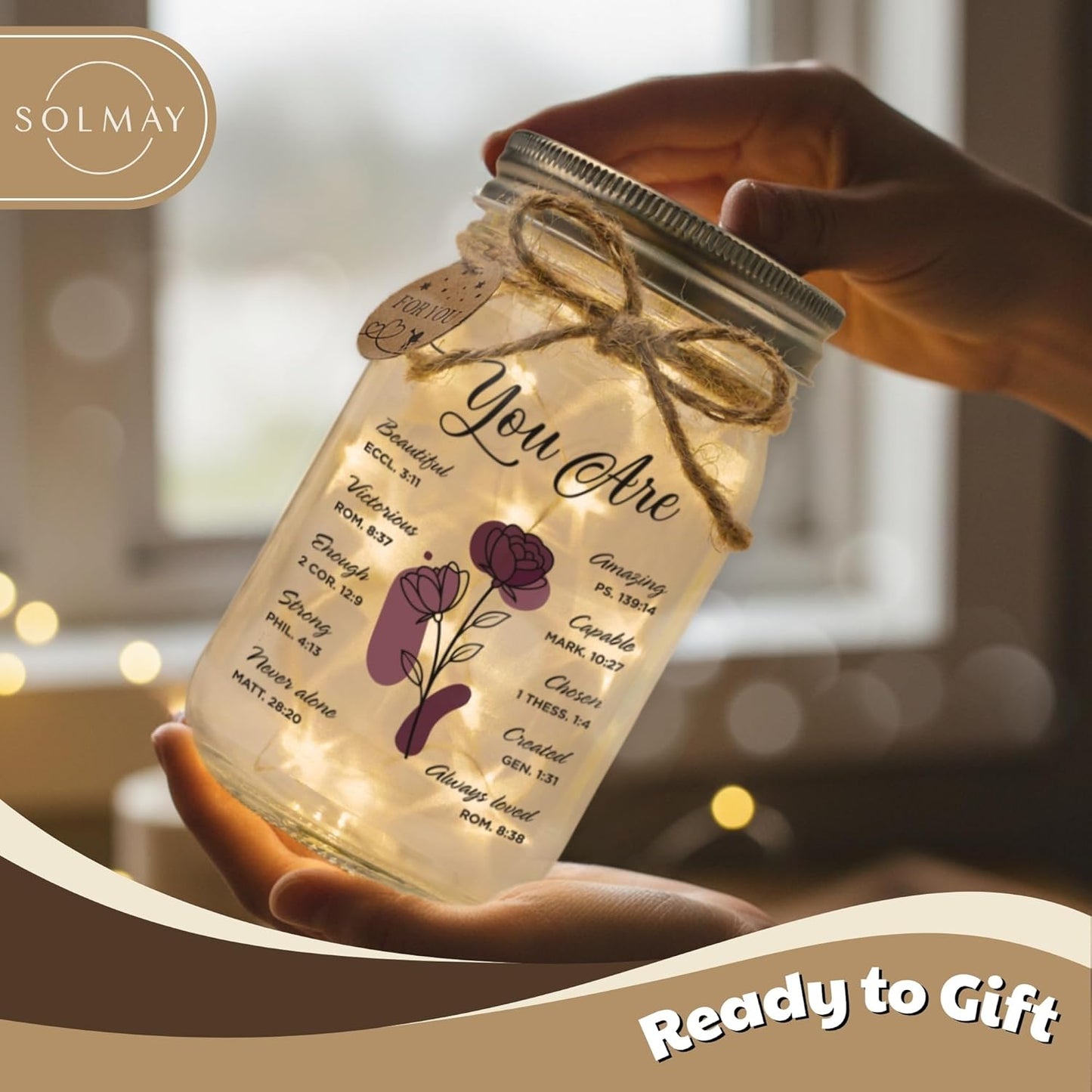 SOLMAY Birthday Gifts for Women – Christian Inspirational Mason Jar Night Light with Bible Verse Quotes – Thanksgiving & Christmas Gifts for Women – Friendship & Gratitude Jar for Mom Best Friend