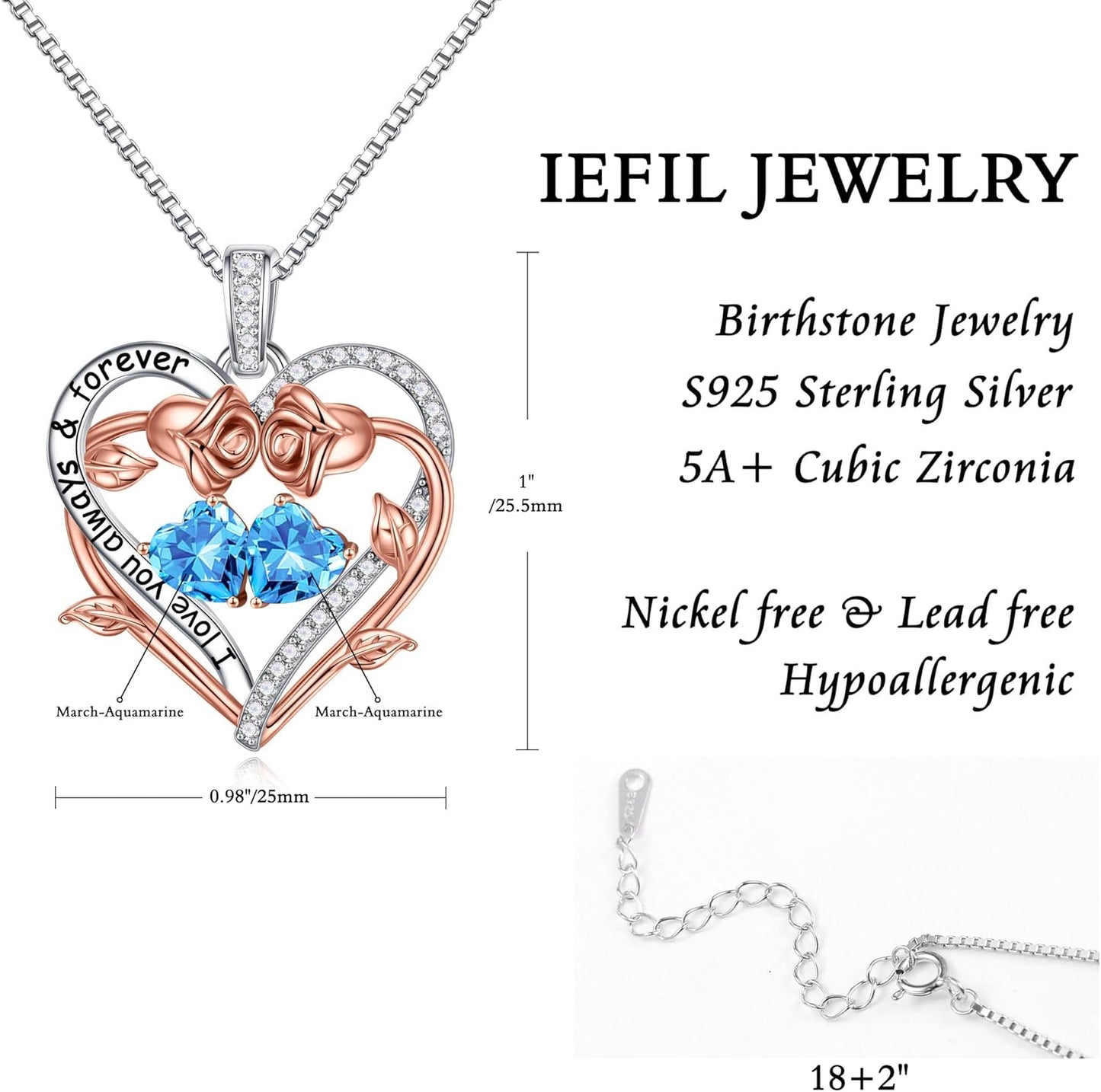 Iefil Rose Heart Double Birthstone Necklace Gifts for Wife Her Mom Women, Birthstone Jewelry Gemstone Birthday Gifts for Girlfriend Grandma Her Wife Women