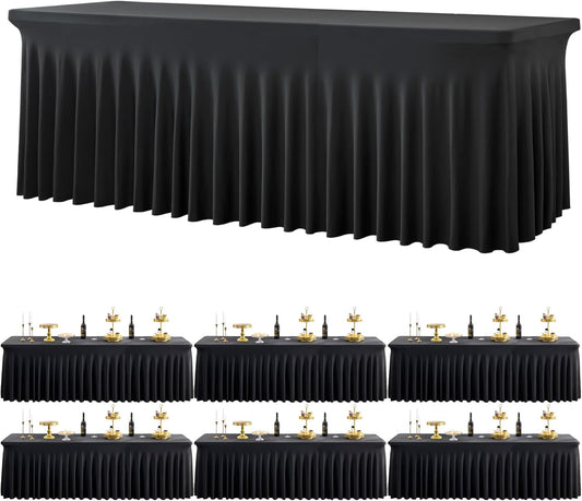 Black Spandex Tablecloth for 8 Foot Rectangle Tables, 6 Pack Black Wrinkle Free Fitted Table Cloths 8ft Stretchy Banquet Table Clothes Cover Desk Skirt for Birthday Wedding Parties Baby Shower