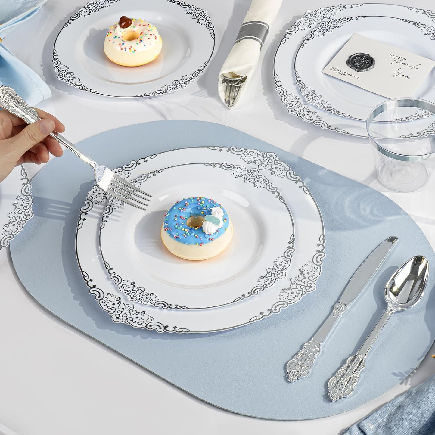 175PCS White and Silver Plastic Plates for 25 Guests, Disposable Dinnerware Sets Include 50 Plastic Plates, 25 Silverwares, 25 Cups, and 25 Pre Rolled Napkins for Party, Graduation