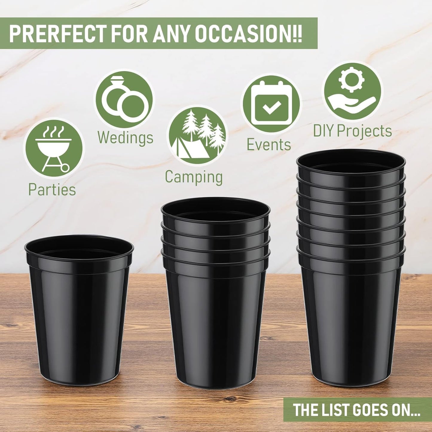 Yungyan 12 Pack 16oz Stadium Cups Reusable Plastic Cups Blank Drink Tumblers for Parties, Events, DIY Projects, 4.5 x 3.54 x 2.72 Inch (Black)