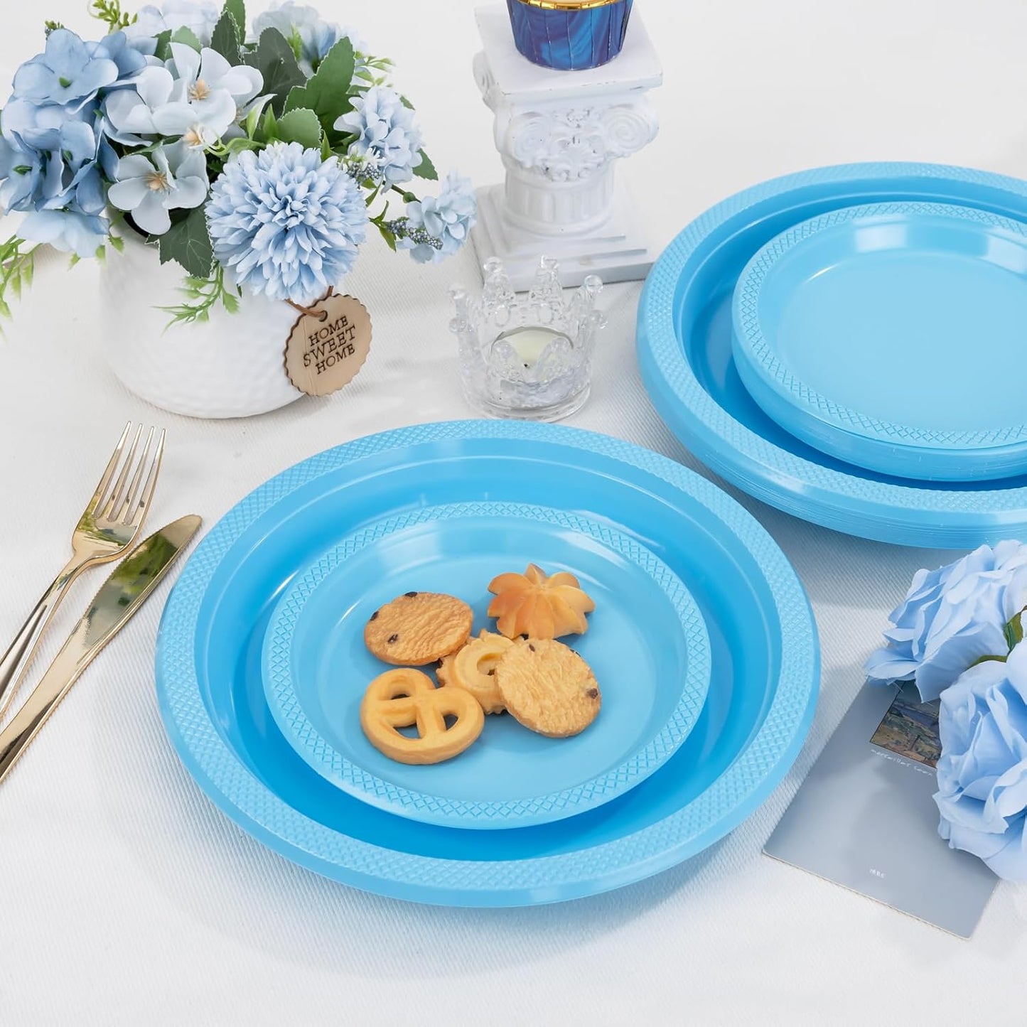 WELLIFE Light Blue Party Plates 7 Inch -150 Count, Disposable Plastic Baby Blue Dessert Plates for Party Cake Appetizer Salad Baby Shower