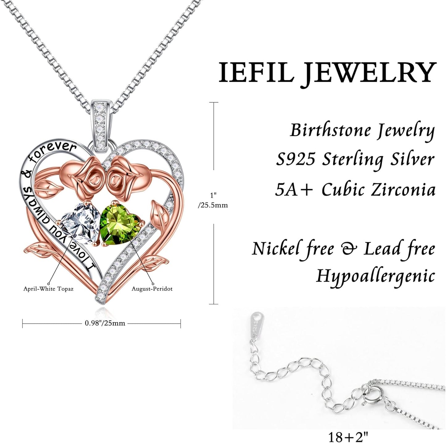Iefil Rose Heart Double Birthstone Necklace Gifts for Wife Her Mom Women, Birthstone Jewelry Gemstone Birthday Gifts for Girlfriend Grandma Her Wife Women
