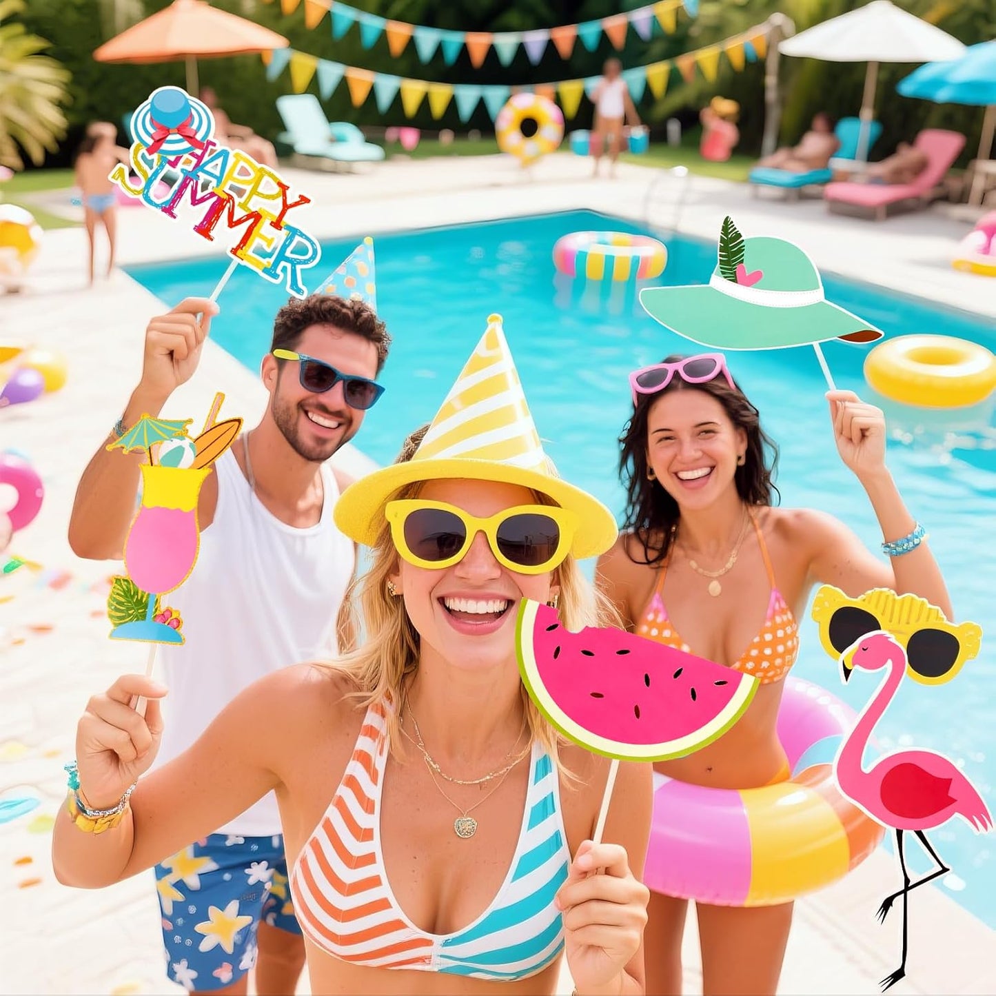 SUNBEAUTY 12 Pcs Summer Photo Booth Props Beach Summer Pool Party Decorations Luau Photo Booth Props Tropical Tiki Beach Pool Party Favors for Baby Shower, Birthday, Hawaii