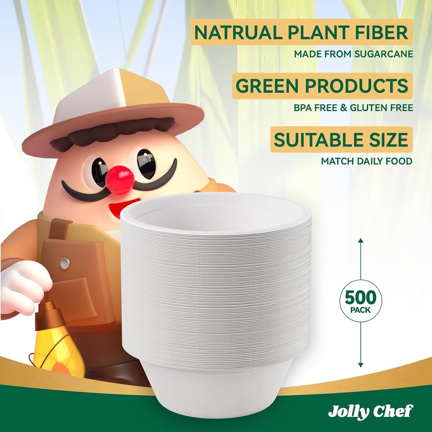 JOLLY CHEF Compostable Disposable Paper Bowl [16 oz] Heavy Duty Soup Containers [150 Pack] Biodegradable Bagasse Hot Cold Food Eco-Friendly Sugarcane Microwavable Bowls for Salad Milk Thanksgiving Day