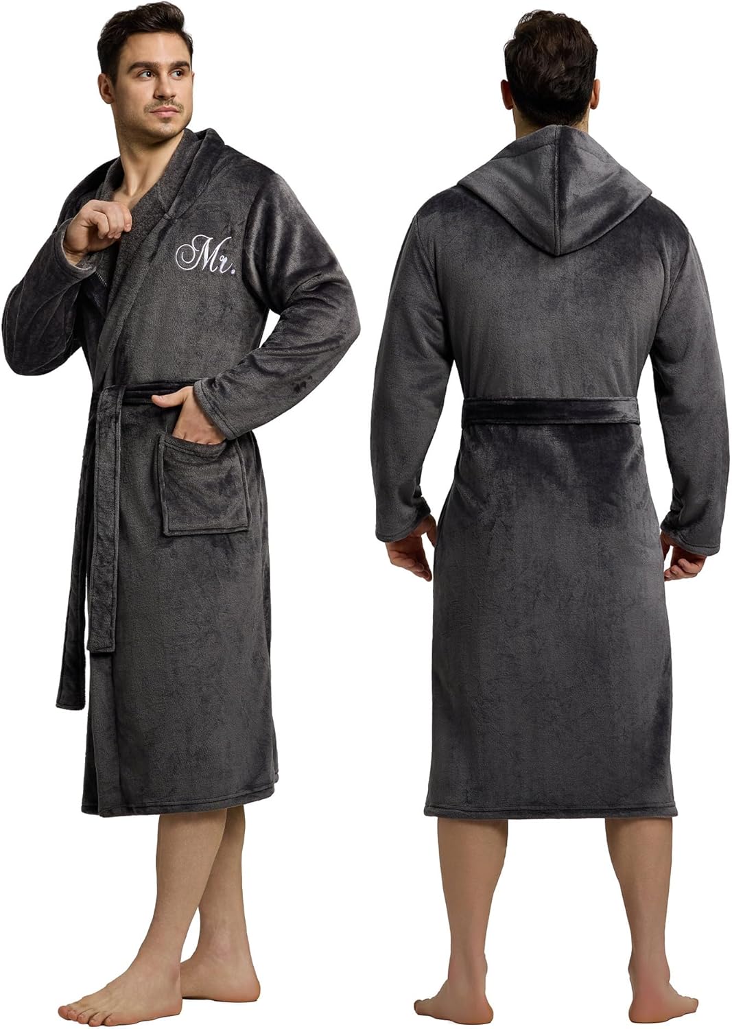 AW BRIDAL 2Pcs Mr and Mrs Robes for Couples Fleece, Matching Long Hooded Robes for Men Women, His and Hers Wedding Gifts