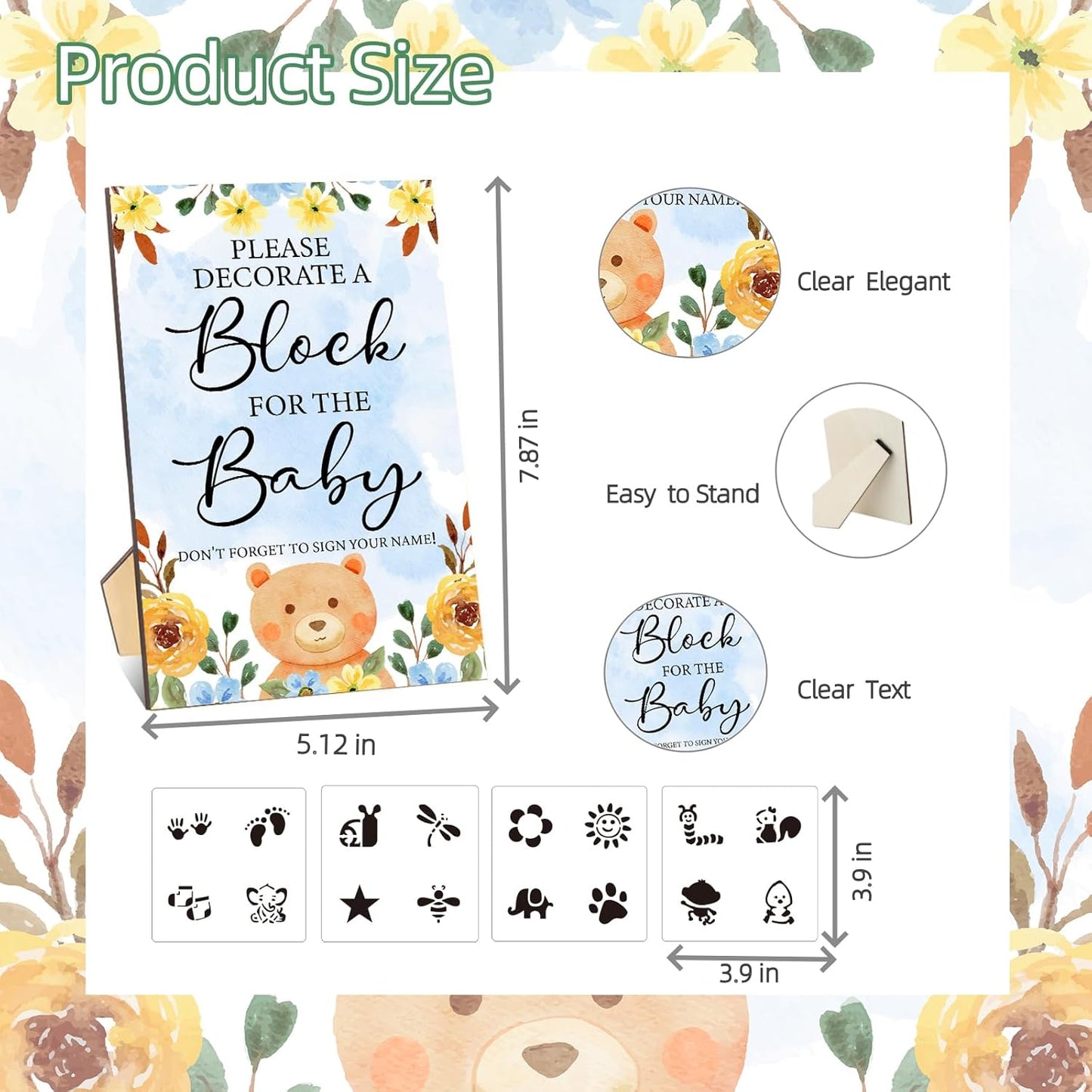 141 Pcs Baby Shower Game Sign Set Includes Decorative Square Signs 100 DIY Blank Wooden Blocks 20 Paint Markers(Bear)