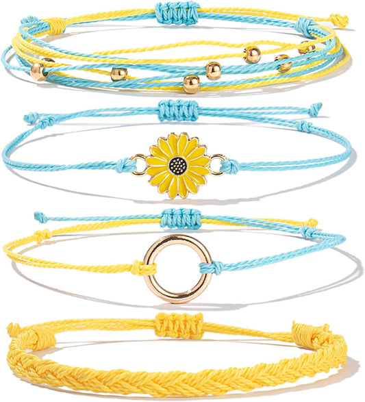 FANCY SHINY Sunflower String Bracelet Boho Braided Rope Wrap Bracelets Cute Summer Beach Surfer Jewelry for Women Christmas Gifts