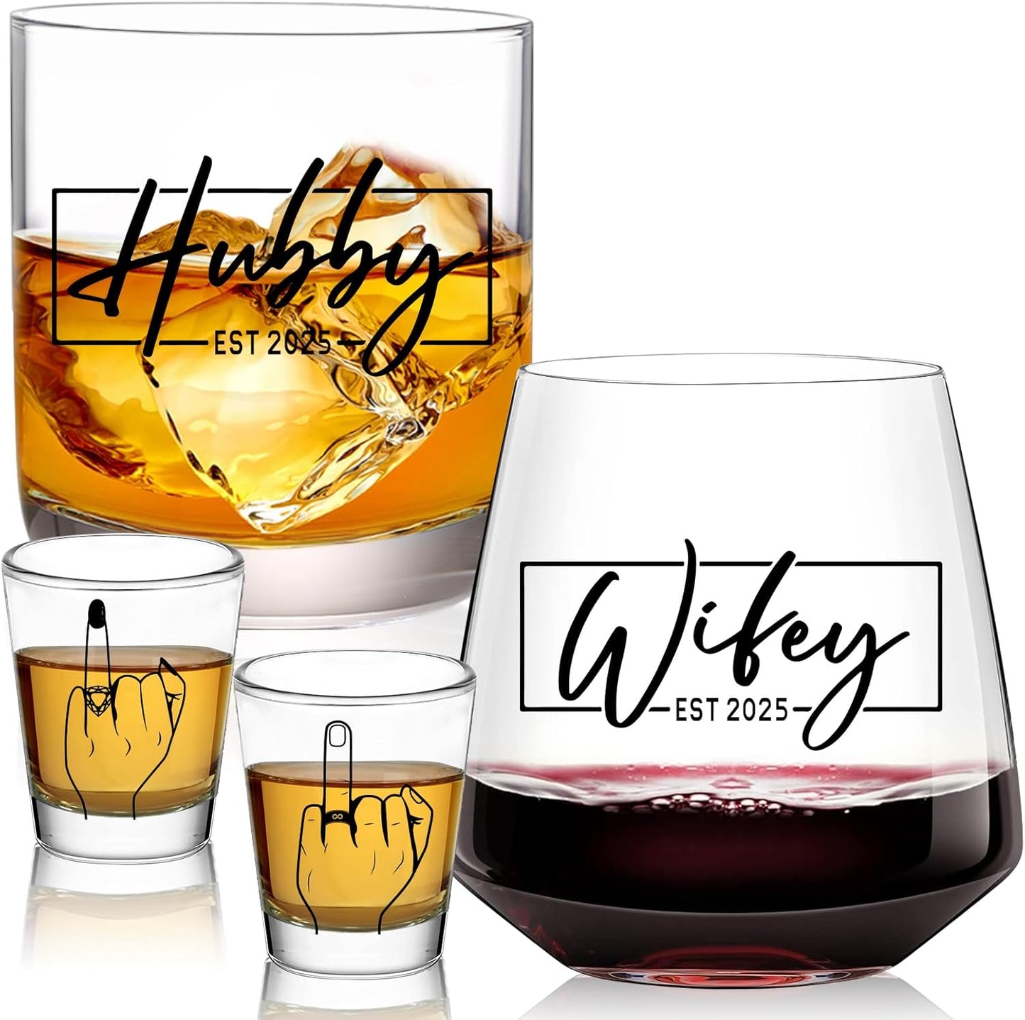 Wedding Gifts 2025 -Hubby & Wifey Wine&Whiskey Glass Set,Mr and Mrs Gifts - Anniversary Wedding Gift for Couple,Unique Bridal Shower Gift,Bride and Groom Shot Glasses
