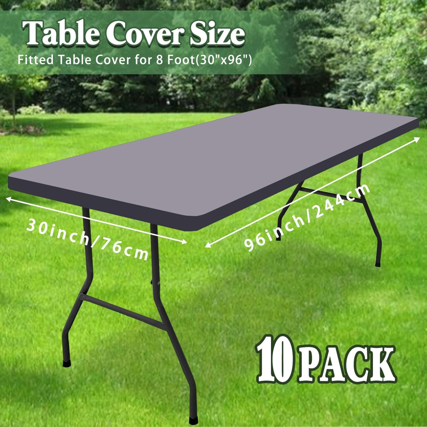 10 Pack Picnic Table Cover Outdoor Elastic Fitted Tablecloths for 8 Foot Rectangle Tables Waterproof Stretch Washable Patio Folding Spandex Table Cloth Camping Banquet Parties (Light Grey,30" x 96")