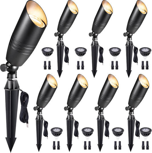 Gardenreet Spot Light Brass - Outdoor Landscape Spotlights LED, 12V Low Voltage Landscaping Uplights, Hard-Wired All Weather Black for Backyard Lawn with Cold White Changeable Bulbs (8 Pack)