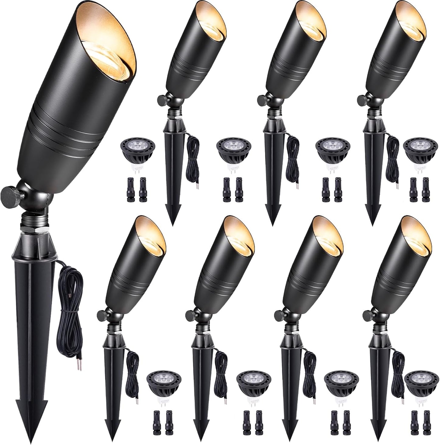 Gardenreet Spot Light Brass - Outdoor Landscape Spotlights LED, 12V Low Voltage Landscaping Uplights, Hard-Wired All Weather Black for Backyard Lawn with Warm White Changeable Bulbs (8 Pack)