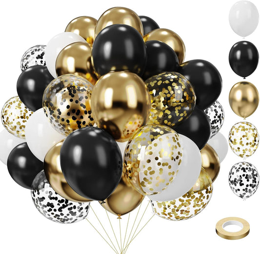 Black White and Gold Balloons,75Pcs Black and Gold Party Balloons,12in and 5in Black White Gold Confetti Party Balloons for Birthday,New Year,Wedding Decorations