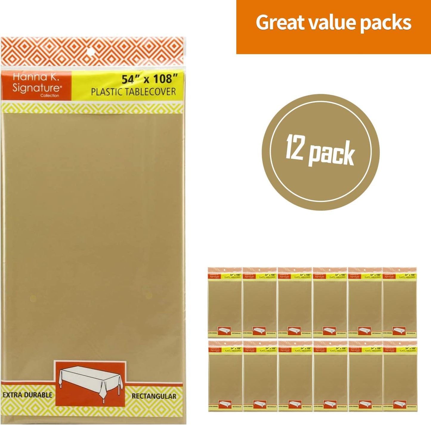 Gold Disposable Plastic Tablecloth for Rectangle Tables (12 Pack) Premium Decorative Table Cloth for Parties, Events & Weddings, Indoors & Outdoors, 54 x 108 inches, Plastic Table Cover