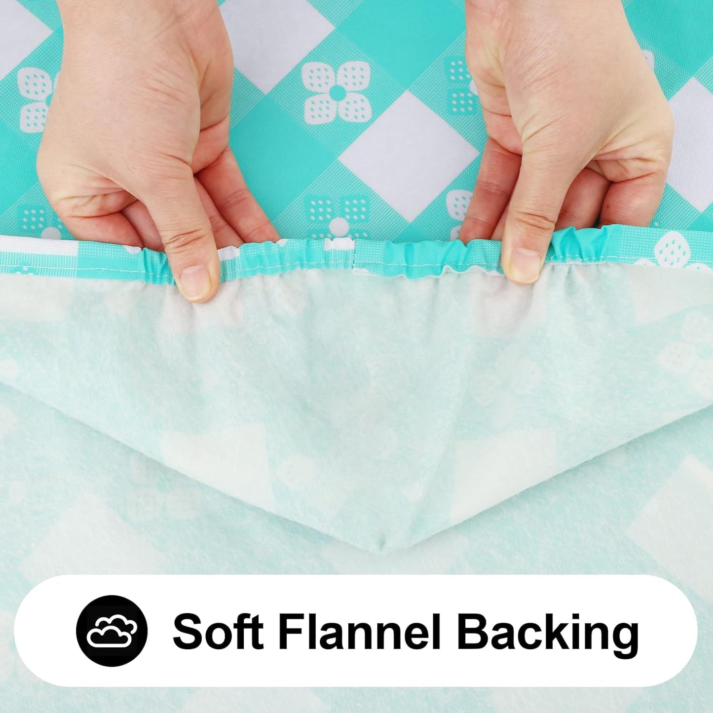 Rectangle Vinyl Table Cloth, Waterproof Elastic Fitted Tablecloth with Flannel Backing, Plastic Table Cover for Picnic, Camping, Outdoor (White & Teal, 30"x48")