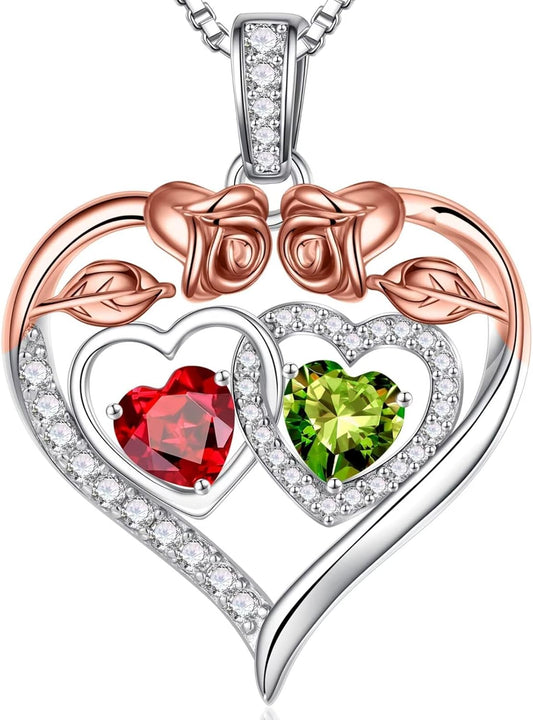 Iefil Double Birthstone Necklace Gifts for Wife Girlfriend Her Women, Birthstone Jewelry Gemstone Valentines Birthday Gifts for Her Women Wife Mom Grandma