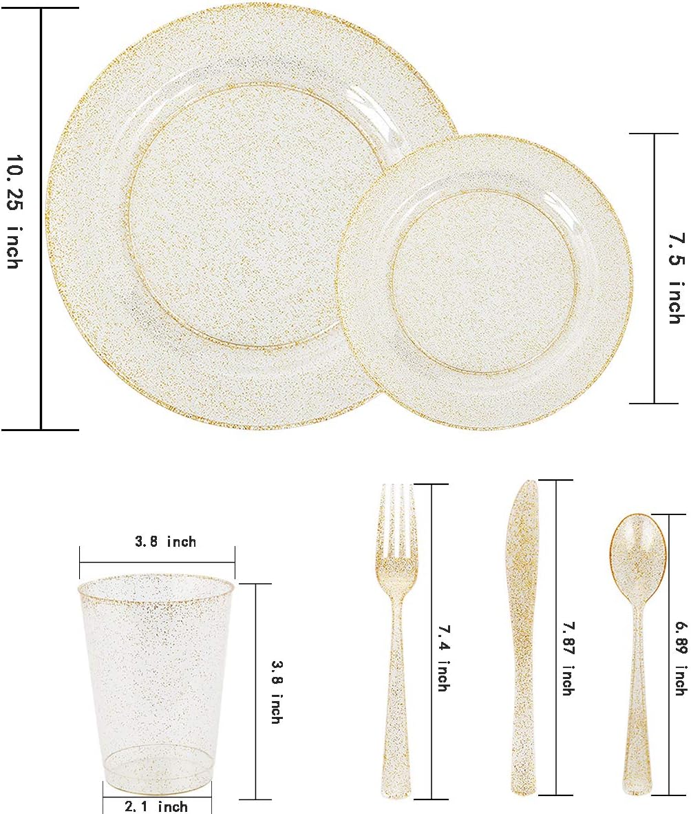 WELLIFE 300PCS Gold Glitter Plastic Plates, Gold Plastic Dinnerware Includes: 50 Dinner and 50 Dessert Plates, 150 Cutlery, 50 Cups for Party