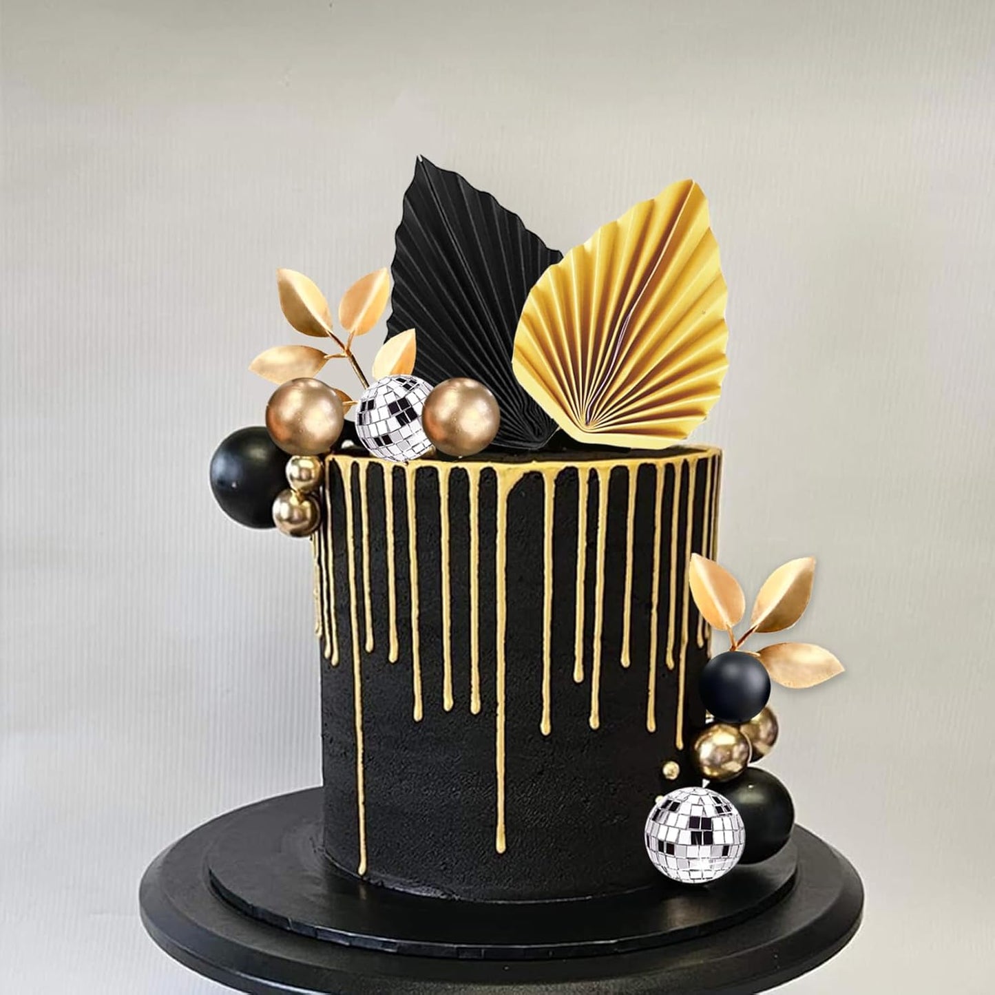 40Pcs Black Gold Balls Cake Topper Man Cake Decorations with Disco Balls Palm Leaves Acrylic Numbers 0-9 and Happy Birthday Cake Topper for Men Boy Black Theme Birthday Baby Shower Party Supplies