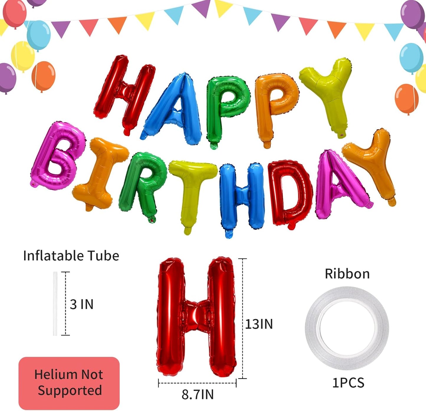 Rainbow Happy Birthday Balloon Banner, 16 Inch Foil Mylar Happy Birthday Balloons Letters, Reusable Colorful Happy Birthday Sign, Rainbow Birthday Decorations for Women, Boys and Girls