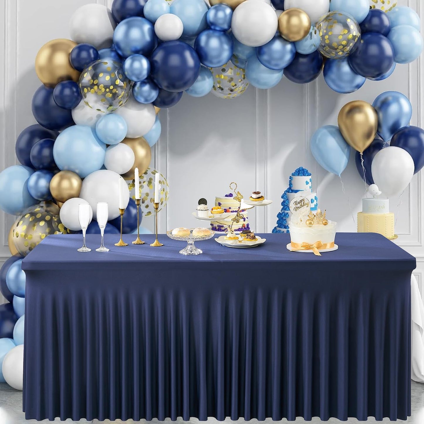 12 Pack Navy Blue Spandex Tablecloth for 6 Foot Rectangle Tables, Wrinkle Free Fitted Table Cloth Cover 6ft Blue Stretchy Tablecloths with Skirt for Parties Weddings Birthday Banquet Baby Shower