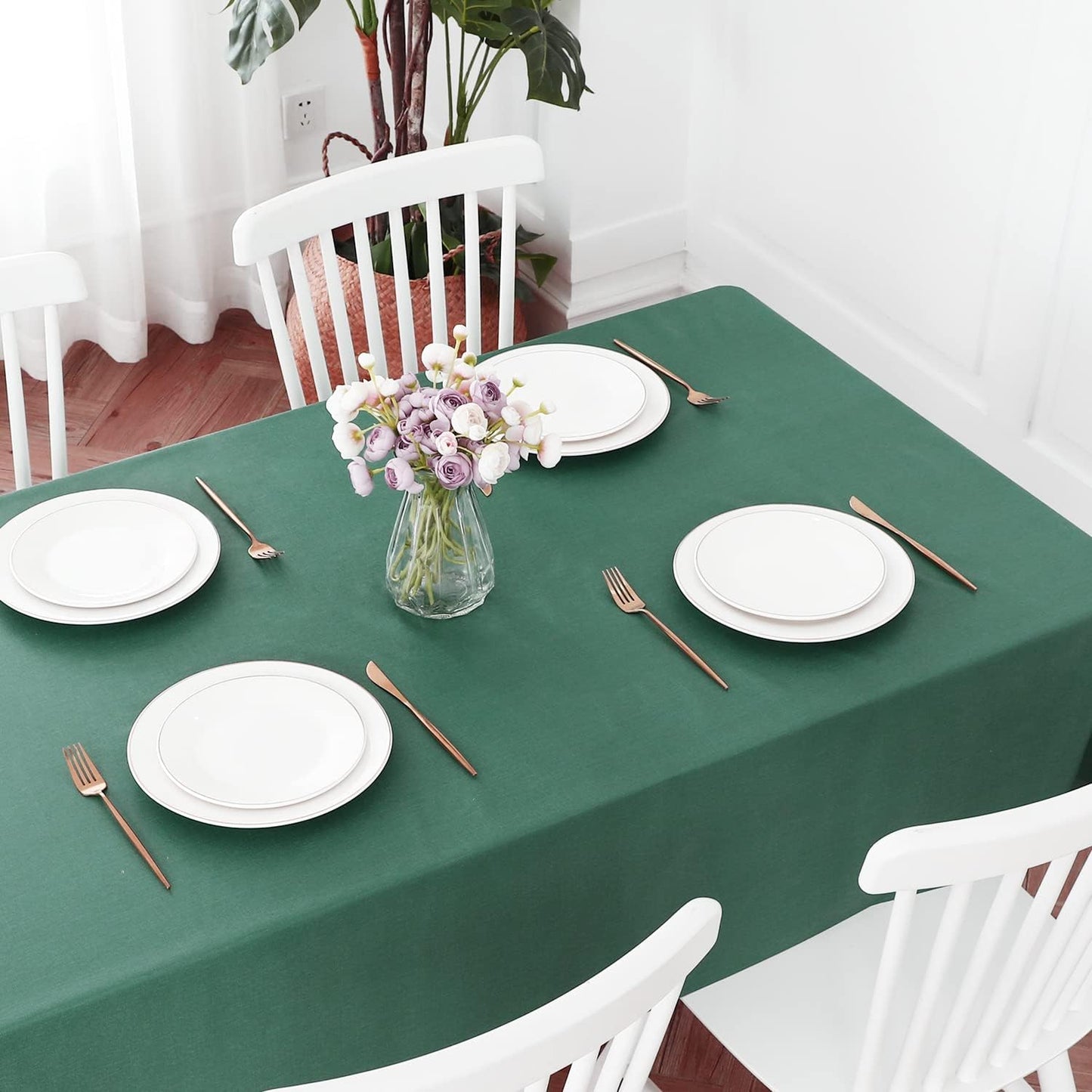 Romanstile Christmas 100% Waterproof PVC Tablecloth, Rectangle Oil Spill Proof Stain Resistant Vinyl Table Cloth, Wipe Clean Plastic Table Covers for Kitchen/Dining/Parties - 60 x 120 Inch, Dark Green