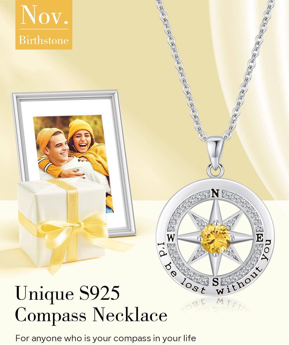 S925 Necklace Gift for Wife |Compass Jewelry |Women Anniversary |Sterling Silver |Girlfriend Birthday Gifts for Her Valentines |I'd be Lost without You |Jewel 18K Gold