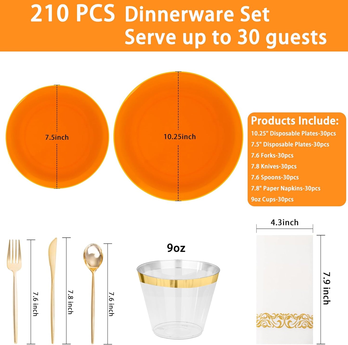 MirthMood 210PCS Orange Plastic Plates,Thanksgiving plastic Dinner Plates– Plastic Plates Set Includes 30 Dinner,30 Dessert Plate,30 Cup&50 Napkins, 30 orange Silverware for Wedding & Birthday Parties