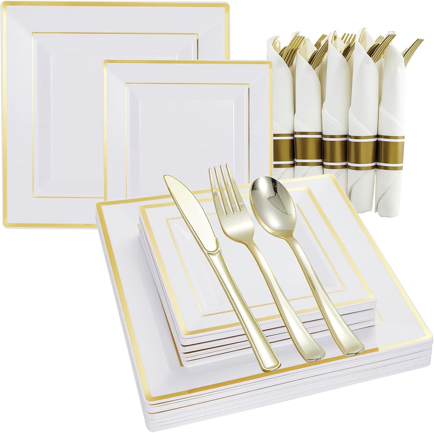Square Plastic Plates&Silverware w/Per-Rolled Napkin Set,Parties Plastic Dinnerware incl Dinner Plates,Salad Plate,Napkins,Disposable Cutlery, 20Guests