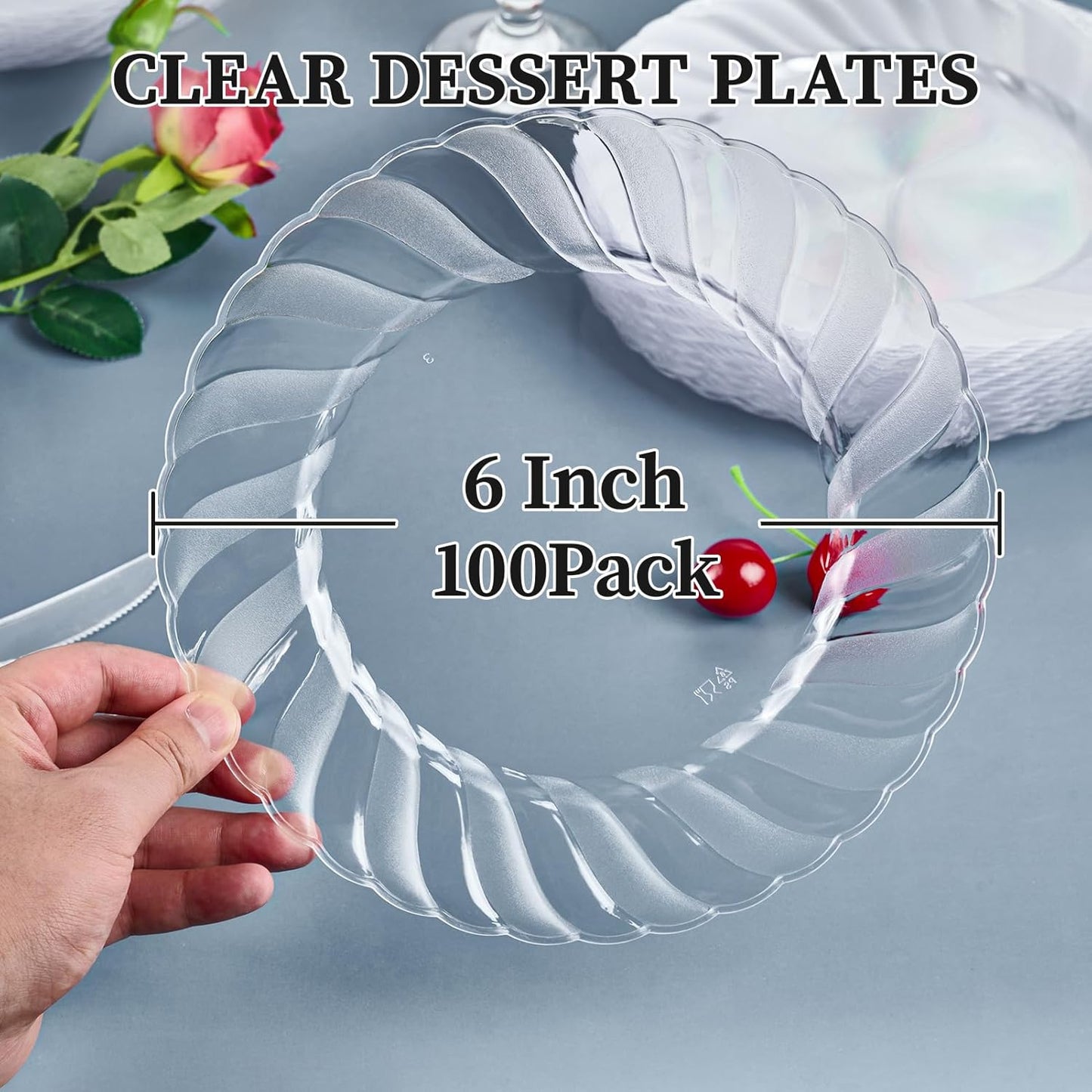 FOCUSLINE 100 Count 6 Inch Clear Plastic Plates, Disposable Heavy Duty Salad Dessert Plates- Premium Hard Plastic Plate Fancy Disposable Clear Plate for Weddings, Parties and Events