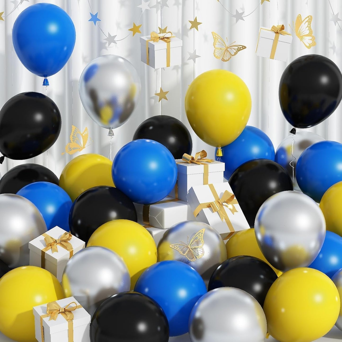 Balloons Blue Yellow and Black 60 Pcs, 12 Inch Dark Blue Yellow and Black Latex Balloons with Metallic Silver Balloons for Boys Police Robots Bat Hero Birthday Graduation Halloween Party Decorations