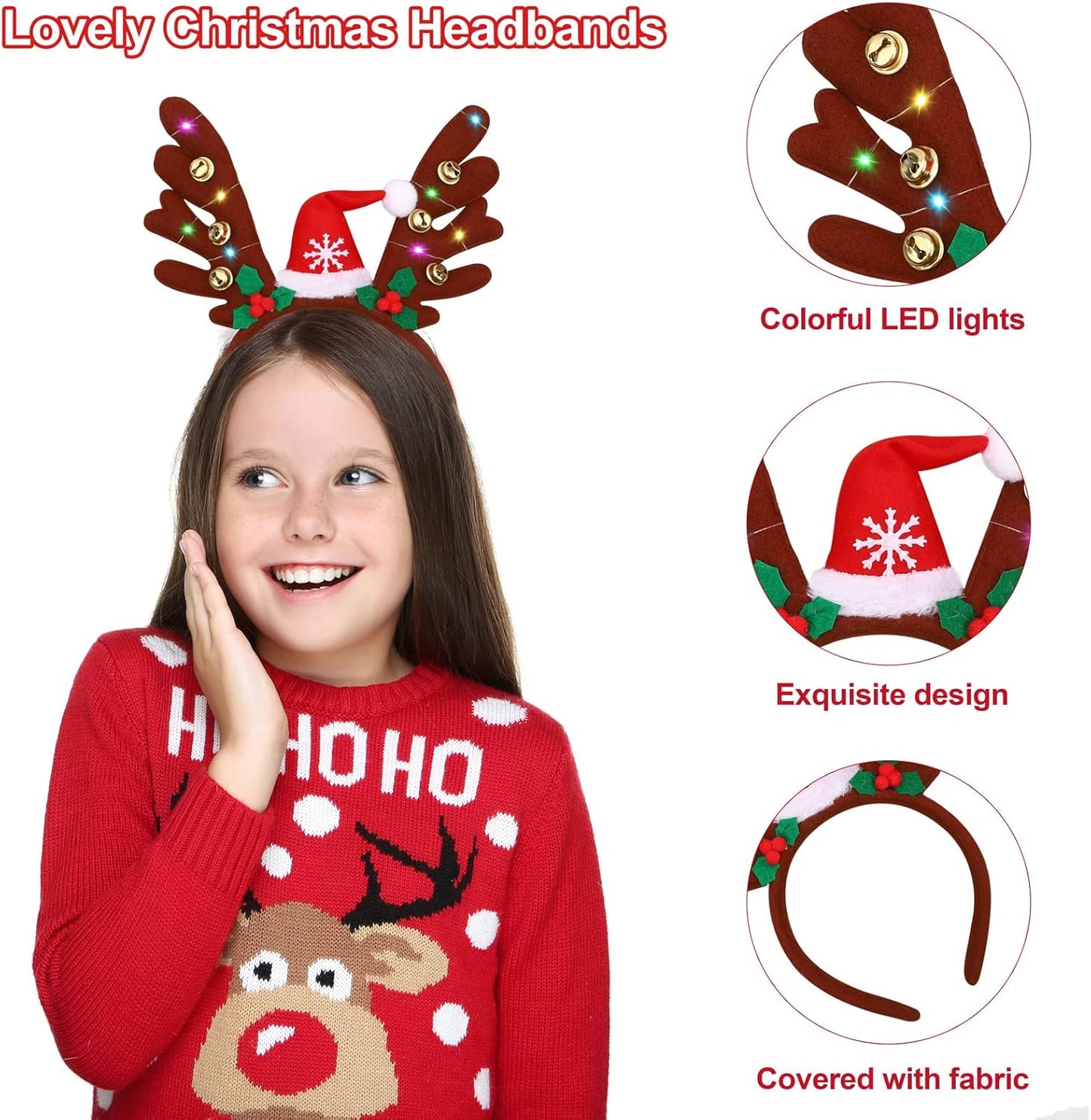 Fovths 6 Pack LED Christmas Headband Reindeer Antlers Headband Light up Antlers Headwear Reindeer Christmas Costume Accessories for Xmas Party Holiday Decorations