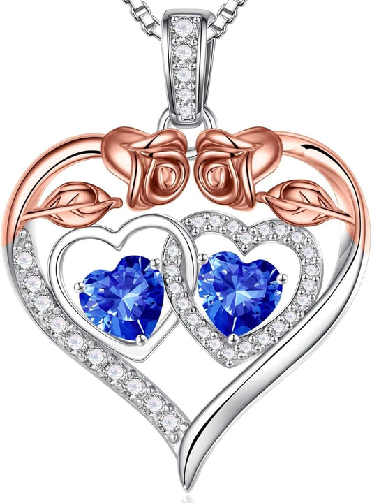 Iefil Double Birthstone Necklace Gifts for Wife Girlfriend Her Women, Birthstone Jewelry Gemstone Valentines Birthday Gifts for Her Women Wife Mom Grandma