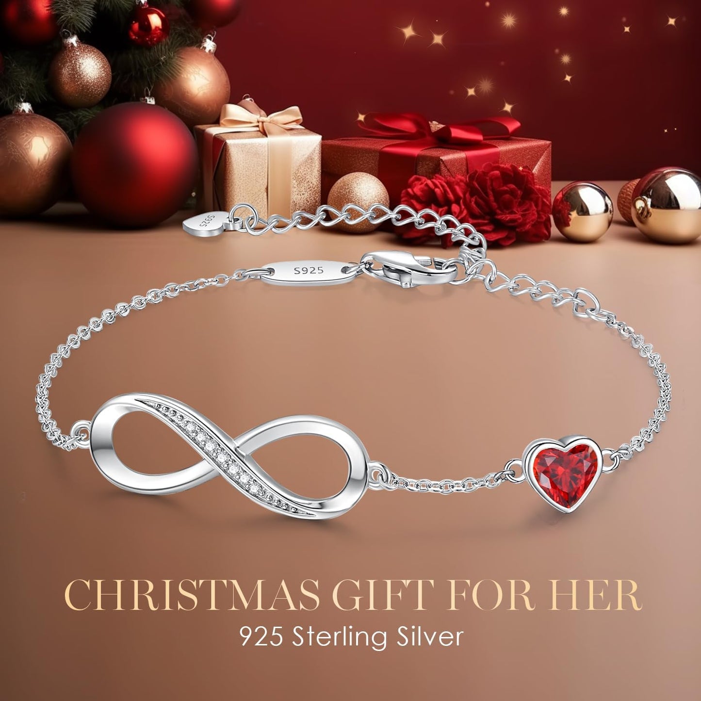 CDE Infinity Heart Birthstone Charm Link Bracelet for Women 925 Sterling Silver Adjustable Mother's Day Christmas Day Gift Anniversary Birthday Jewelry for Wife Girlfriend Her