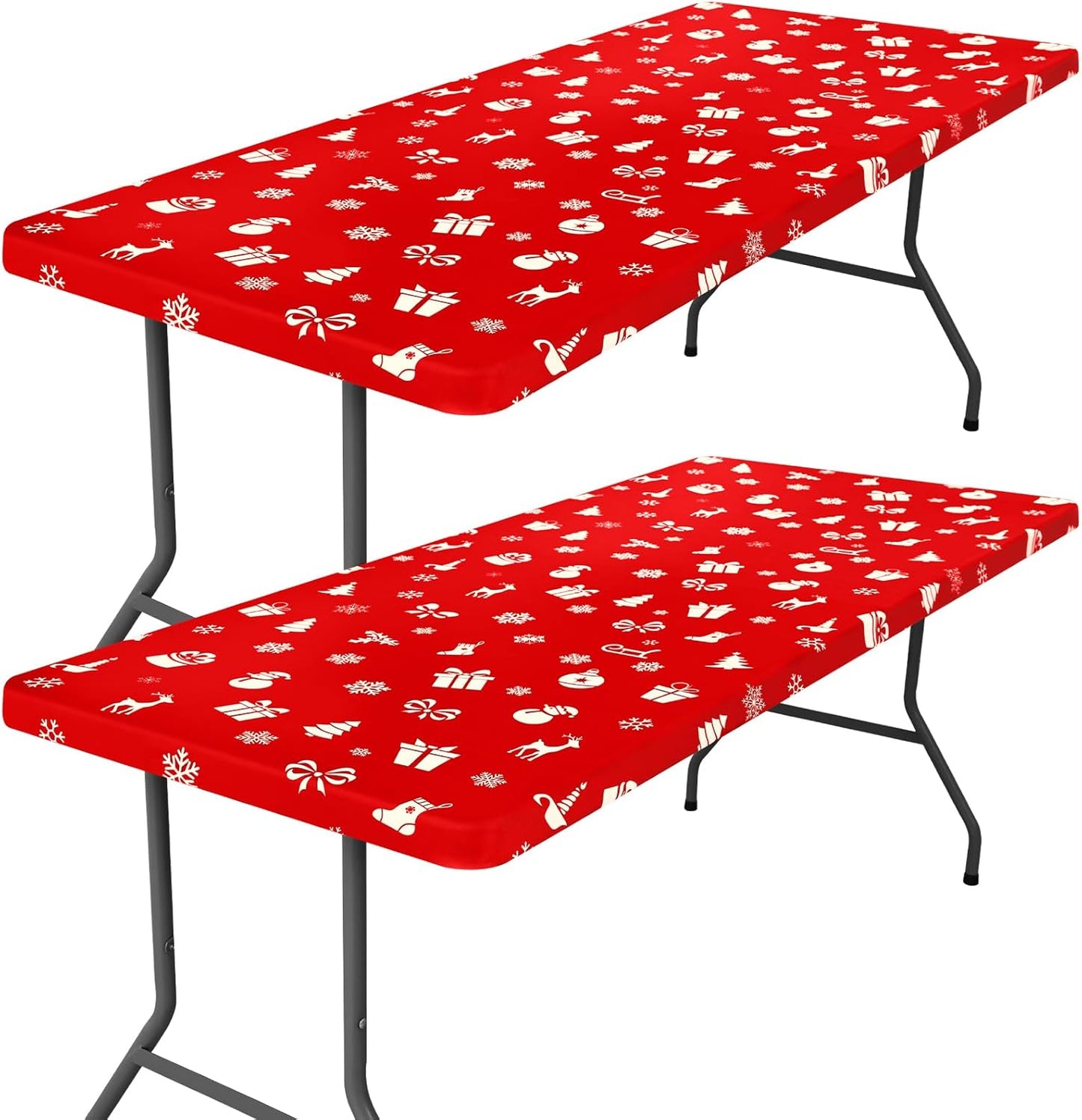 Spandex 8 Foot Rectangle Christmas Table Cloth 2 Pack, Elastic Fitted Tablecloths for Picnic, Stretch Washable Patio Table Cover for Christmas Dinner (Box Snowflake, 30"x96")