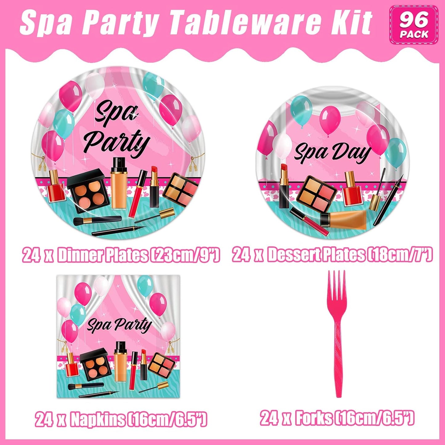 96 Pcs Spa Party Plates and Napkins Set, Spa Day Makeup Party Supplies Decorations for Girls Kids Princess Sweet Pink Make up Theme Birthday Party Tableware Kit, Serves 24