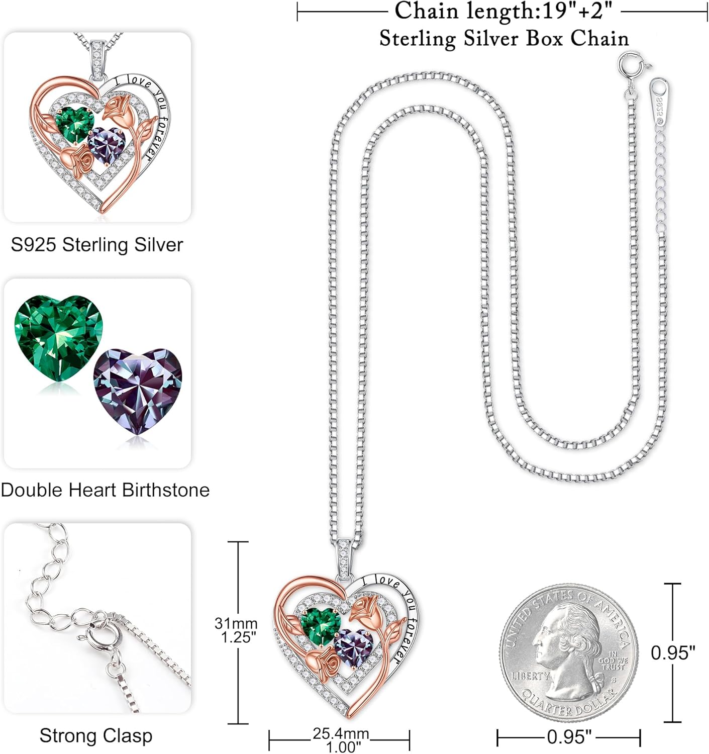 Iefil Birthstone Necklace for Women - Sterling Silver Birthstone Necklace Anniversary Birthday Gifts for Her Wife Mom Daughter